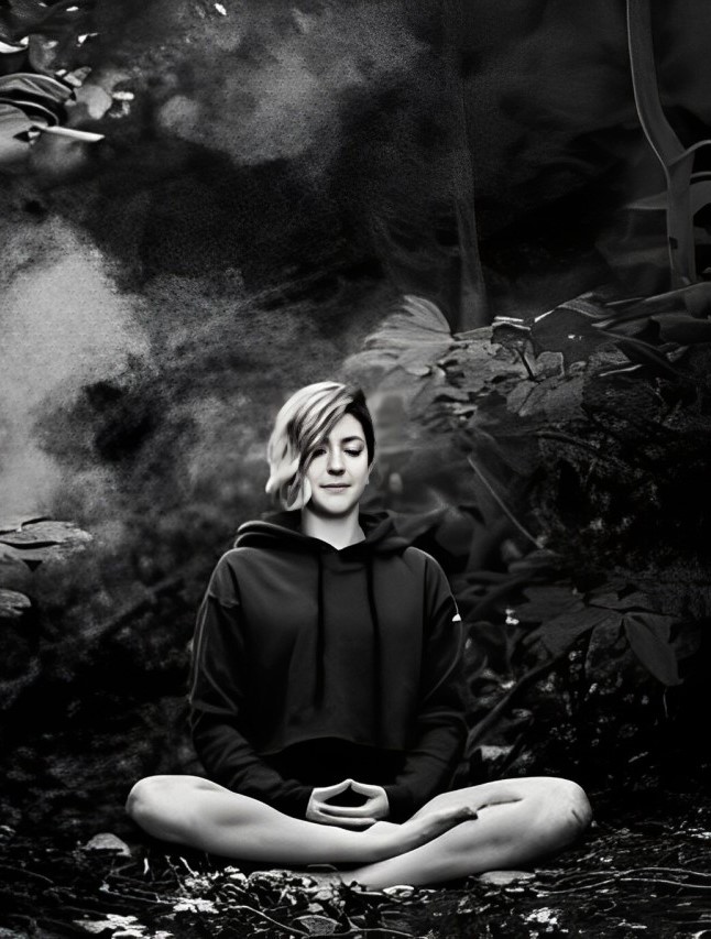 Woman meditating outdoors in nature.
