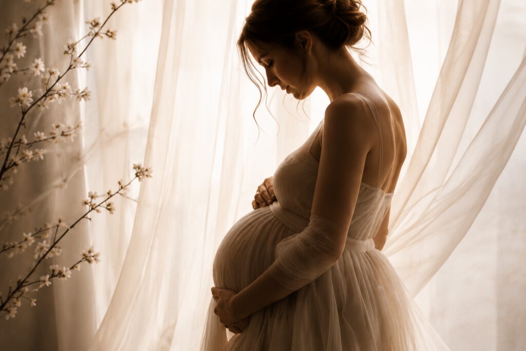 Backlit maternity portrait with blossoms and curtains