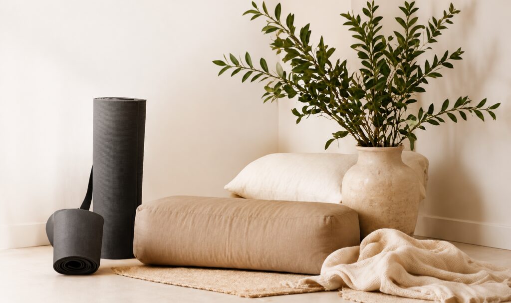 Neutral yoga props, cushion and leafy vase